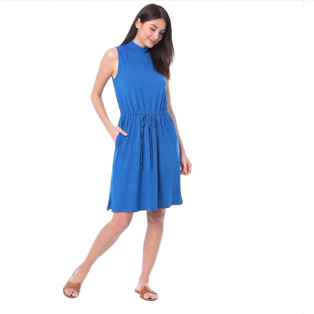 Eileen Fisher Mockneck Dress Blue Sleeveless Drawstring Waist Size Large